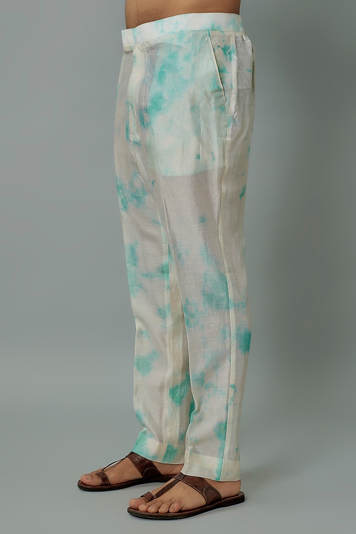 Ivory & Aqua Raw Silk Mirror Work Kurta Set by Akanksha Gajria Men at Pernia's Pop Up Shop