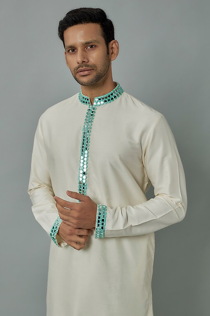 Ivory & Aqua Raw Silk Mirror Work Kurta Set by Akanksha Gajria Men at Pernia's Pop Up Shop