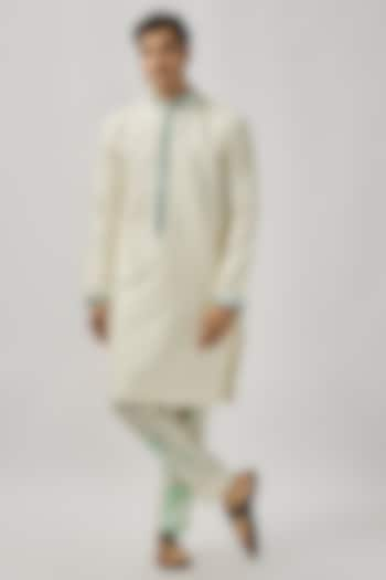 White Raw Silk Mirror Work Kurta Set by Akanksha Gajria Men