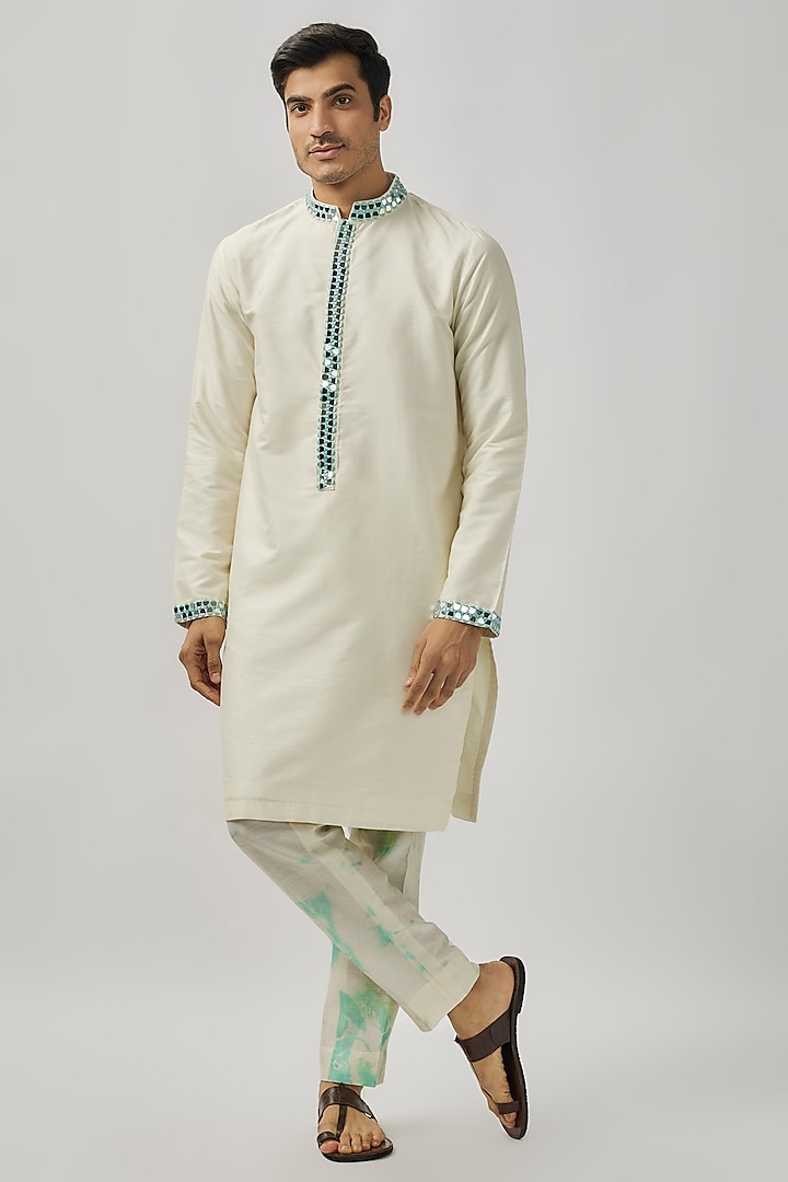 White Raw Silk Mirror Work Kurta Set by Akanksha Gajria Men