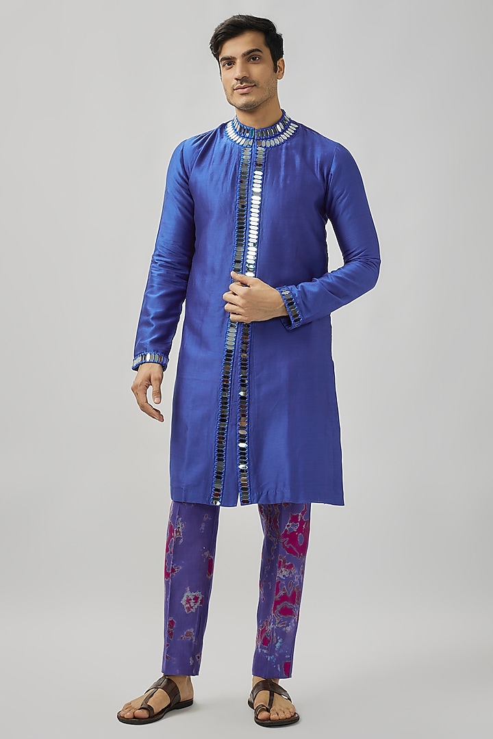 Navy Blue Raw Silk Mirror Work Kurta Set by Akanksha Gajria Men