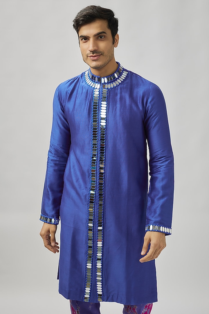 Navy Blue Raw Silk Mirror Work Kurta Set by Akanksha Gajria Men at Pernia's Pop Up Shop