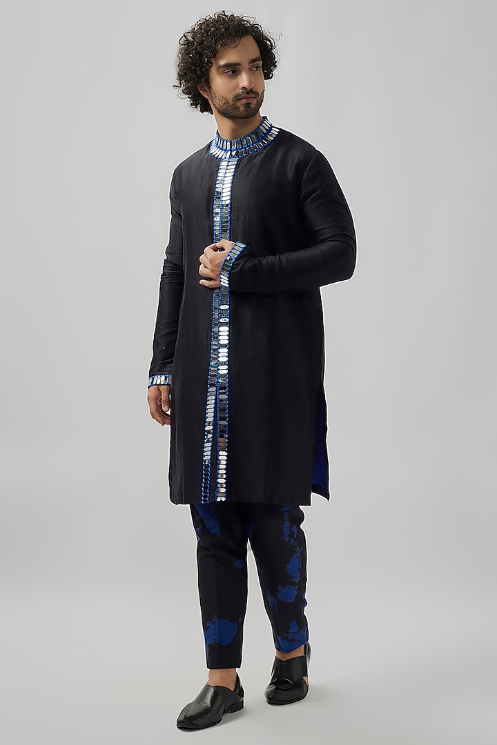 Black Raw Silk Mirror Work Kurta Set by Akanksha Gajria Men