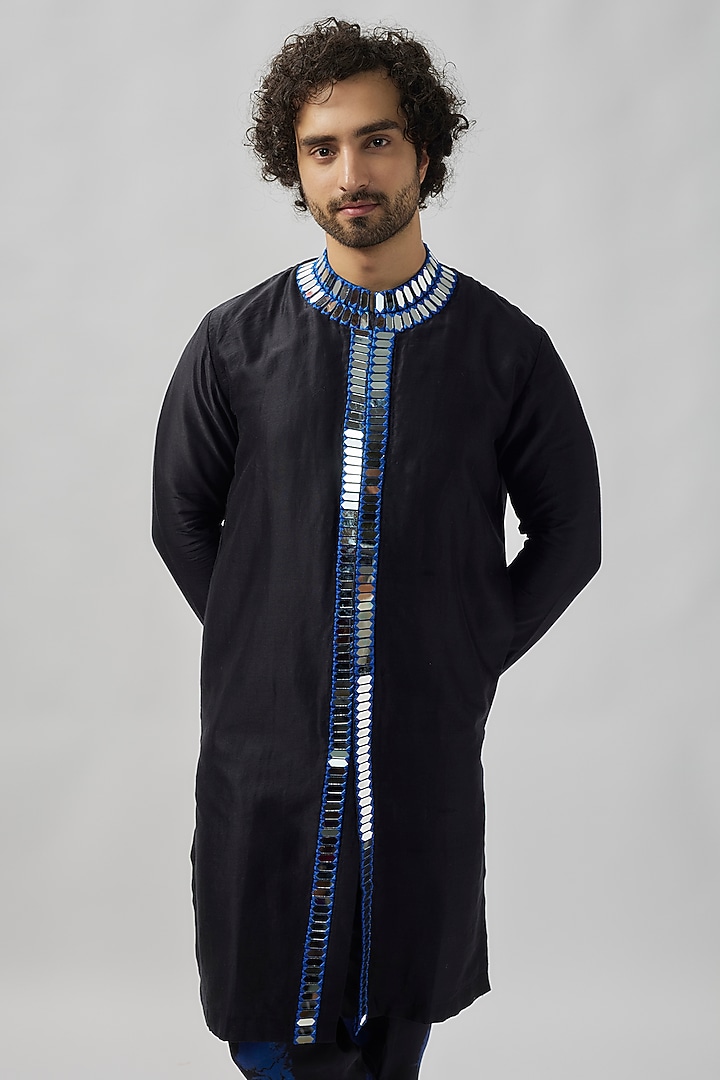 Black Raw Silk Mirror Work Kurta Set by Akanksha Gajria Men at Pernia's Pop Up Shop