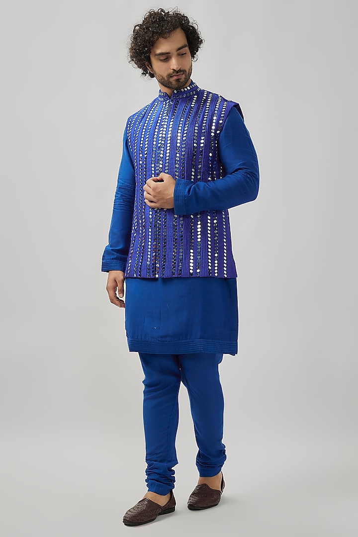 Navy Blue Raw Silk Mirror Work Bundi Jacket Set by Akanksha Gajria Men