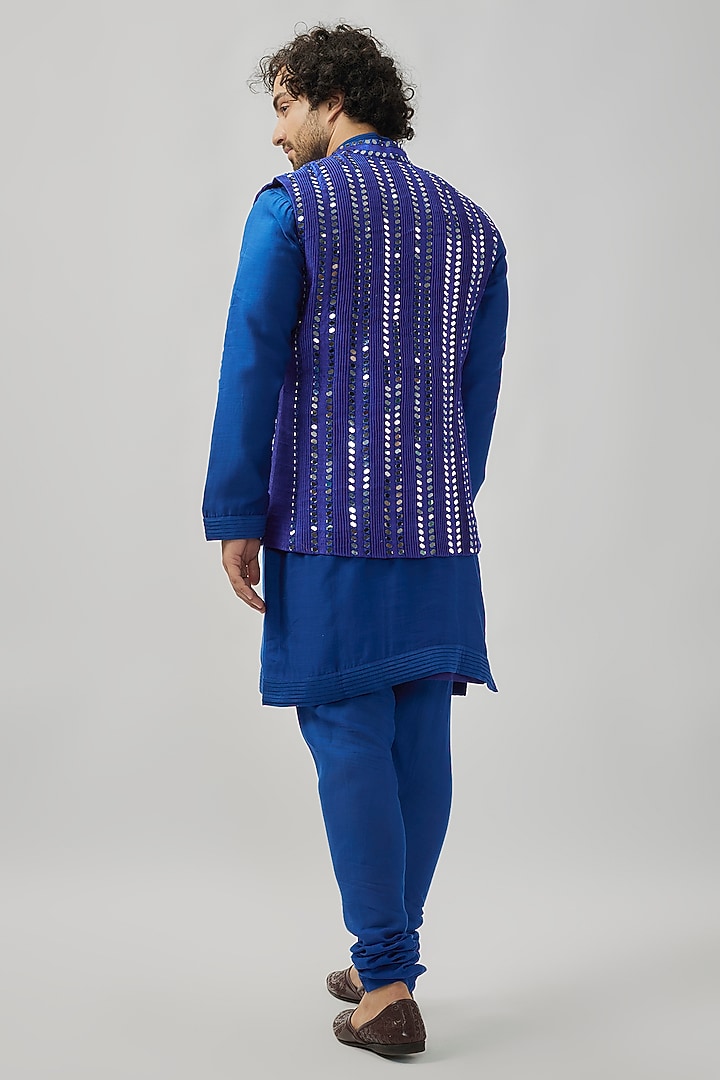 Navy Blue Raw Silk Mirror Work Bundi Jacket Set by Akanksha Gajria Men at Pernia's Pop Up Shop