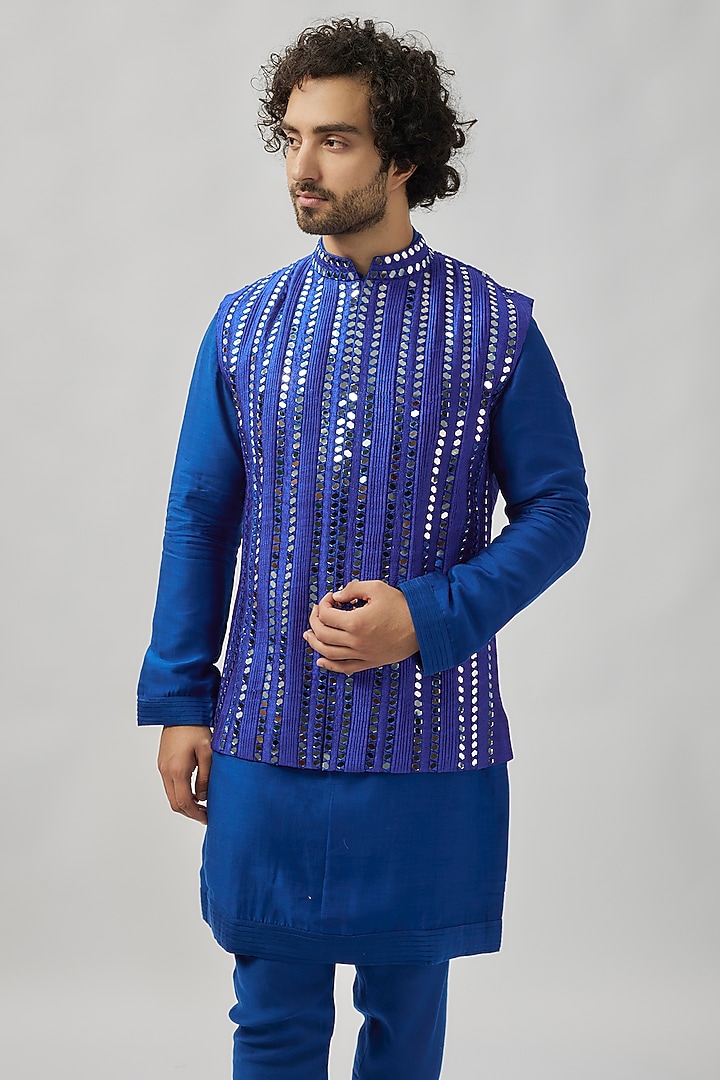 Navy Blue Raw Silk Mirror Work Bundi Jacket Set by Akanksha Gajria Men at Pernia's Pop Up Shop