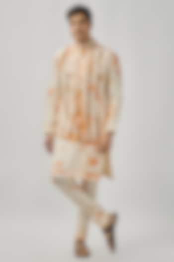 Ivory & Orange Raw Silk Mirror Work Bundi Jacket Set by Akanksha Gajria Men at Pernia's Pop Up Shop