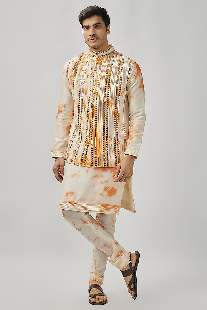 Ivory & Orange Raw Silk Mirror Work Bundi Jacket Set by Akanksha Gajria Men at Pernia's Pop Up Shop