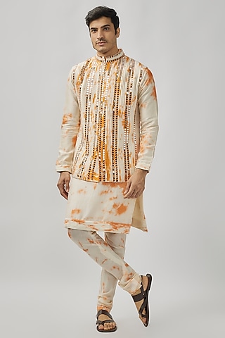 Ivory & Orange Raw Silk Mirror Work Bundi Jacket Set by Akanksha Gajria Men