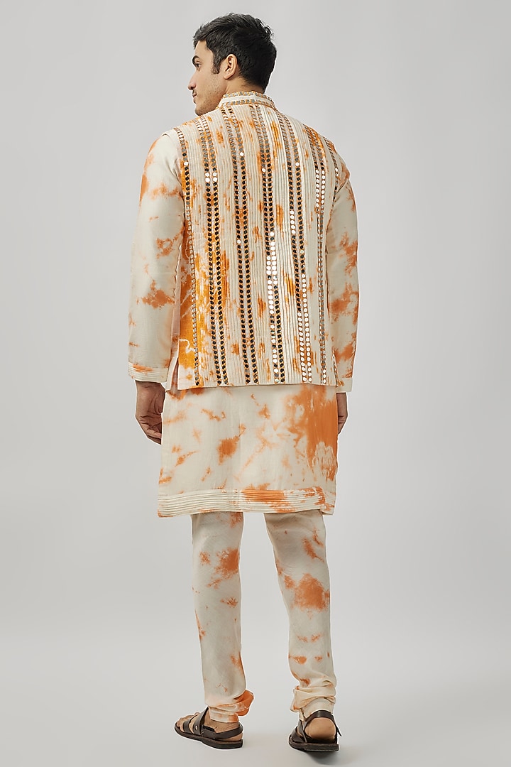 Ivory & Orange Raw Silk Mirror Work Bundi Jacket Set by Akanksha Gajria Men at Pernia's Pop Up Shop