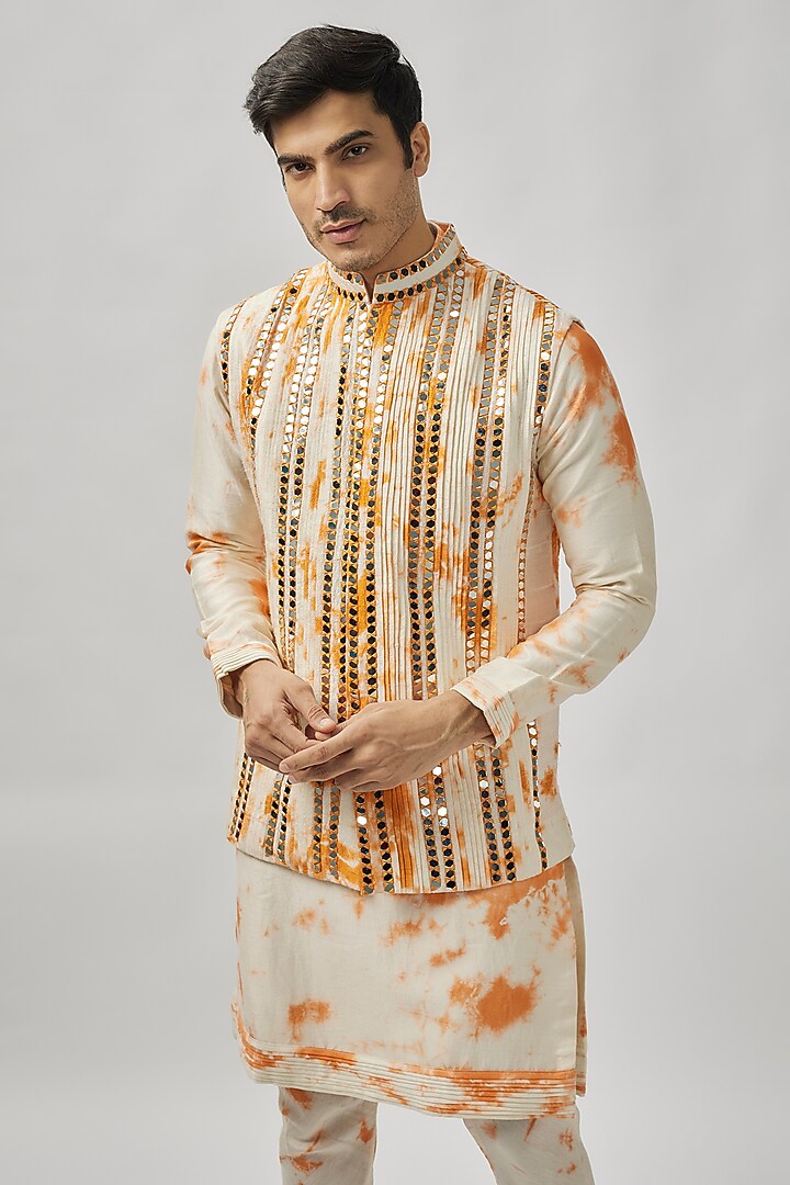 Ivory & Orange Raw Silk Mirror Work Bundi Jacket Set by Akanksha Gajria Men at Pernia's Pop Up Shop