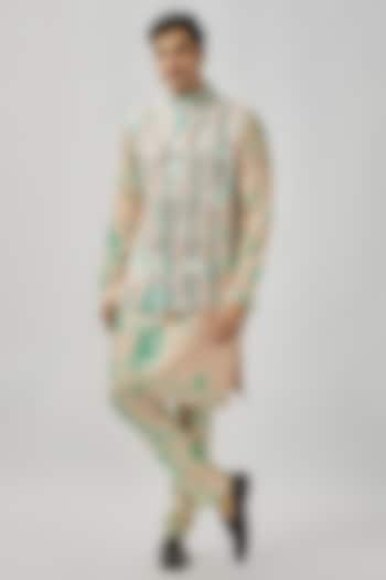 Peach & Aqua Raw Silk Mirror Work Tie-Dye Bundi Jacket Set by Akanksha Gajria Men at Pernia's Pop Up Shop