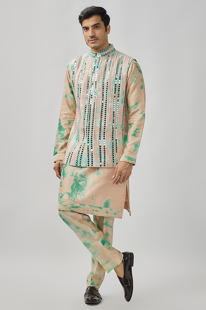 Peach & Aqua Raw Silk Mirror Work Tie-Dye Bundi Jacket Set by Akanksha Gajria Men at Pernia's Pop Up Shop