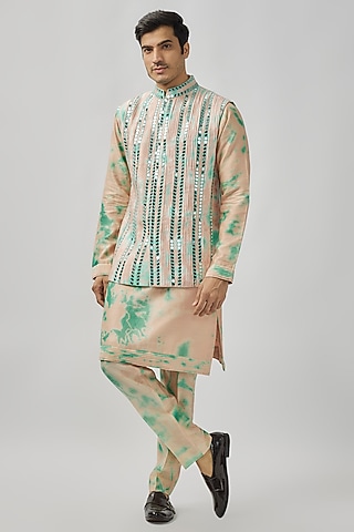 Peach & Aqua Raw Silk Mirror Work Tie-Dye Bundi Jacket Set by Akanksha Gajria Men