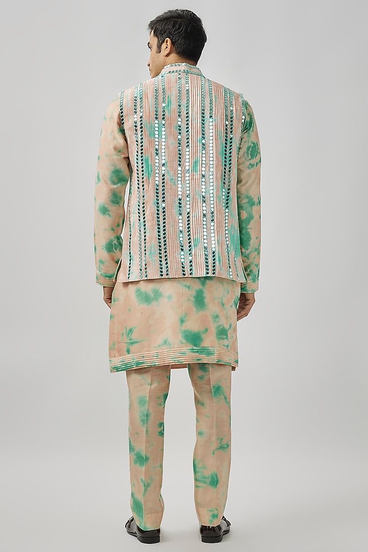 Peach & Aqua Raw Silk Mirror Work Tie-Dye Bundi Jacket Set by Akanksha Gajria Men at Pernia's Pop Up Shop