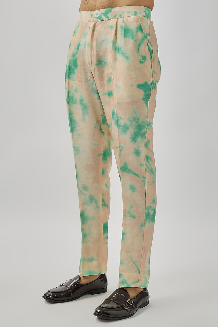 Peach & Aqua Raw Silk Mirror Work Tie-Dye Bundi Jacket Set by Akanksha Gajria Men at Pernia's Pop Up Shop