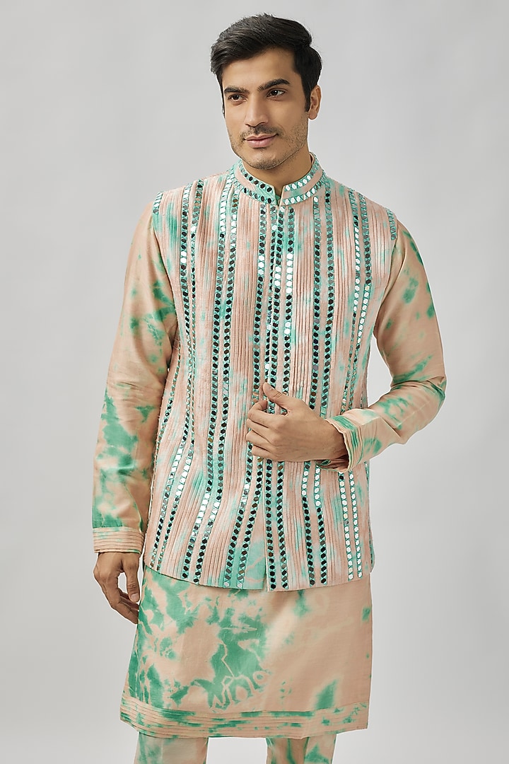 Peach & Aqua Raw Silk Mirror Work Tie-Dye Bundi Jacket Set by Akanksha Gajria Men at Pernia's Pop Up Shop