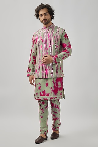 Olive Green & Pink Raw Silk Mirror Work Tie-Dye Bundi Jacket Set by Akanksha Gajria Men
