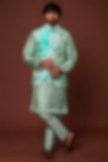 Sea Blue Raw Silk Kurta Set With Bundi Jacket by Akanksha Gajria Men