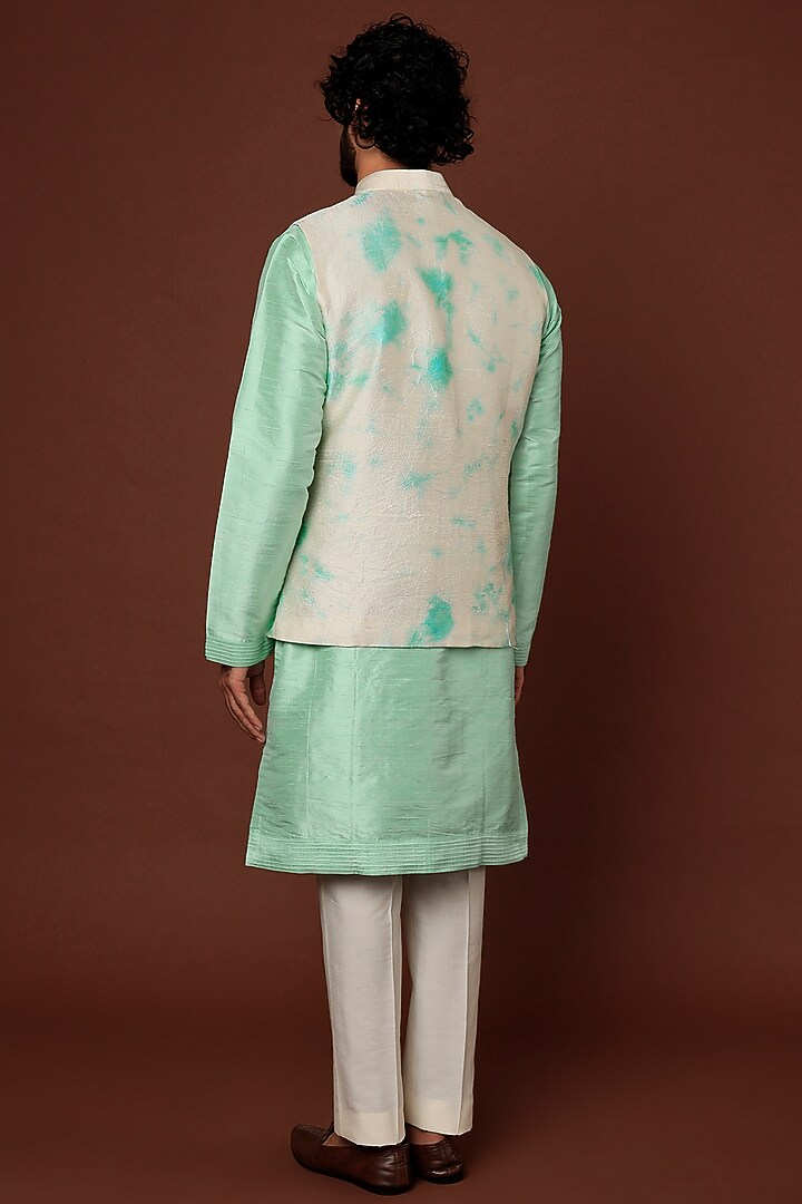 Mint Raw Silk Kurta Set With Bundi Jacket by Akanksha Gajria Men at Pernia's Pop Up Shop