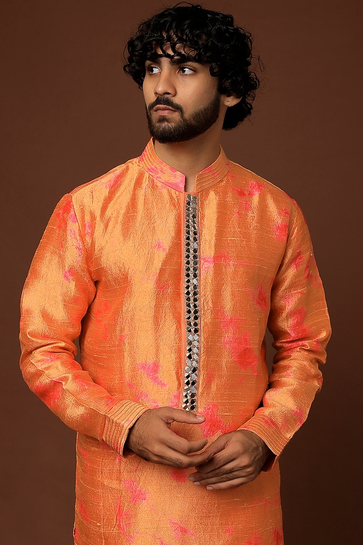 Peachy Orange Viscose Georgette Kurta Set by Akanksha Gajria Men at Pernia's Pop Up Shop