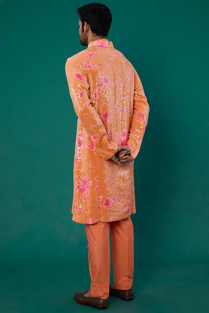 Orange Raw Silk Sequins Work Kurta Set by Akanksha Gajria Men at Pernia's Pop Up Shop