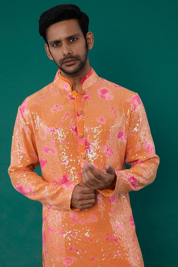 Orange Raw Silk Sequins Work Kurta Set by Akanksha Gajria Men at Pernia's Pop Up Shop