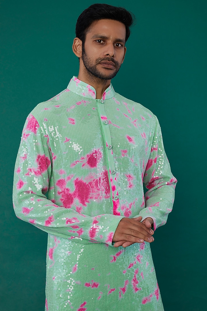 Light Blue Raw Silk Tie-Dye Kurta Set by Akanksha Gajria Men at Pernia's Pop Up Shop