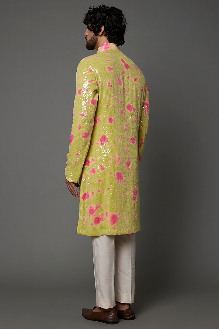 Green Raw Silk Tie-Dye Printed Sequin Work Kurta Set by Akanksha Gajria Men at Pernia's Pop Up Shop