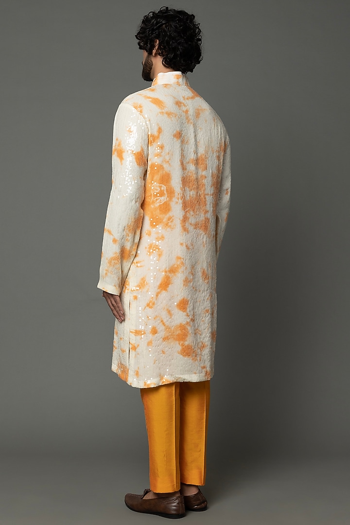 Ivory Raw Silk Sequins Work & Printed Kurta Set by Akanksha Gajria Men at Pernia's Pop Up Shop