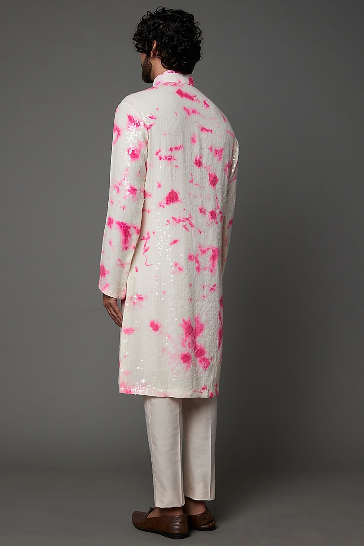 Ivory Raw Silk Sequins Work & Printed Kurta Set by Akanksha Gajria Men at Pernia's Pop Up Shop