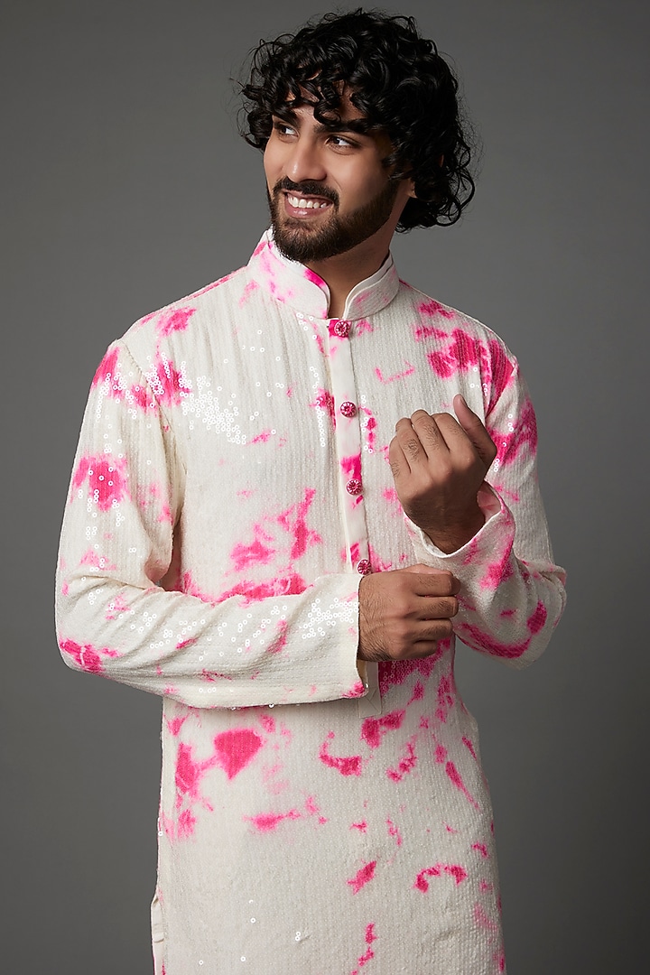 Ivory Raw Silk Sequins Work & Printed Kurta Set by Akanksha Gajria Men at Pernia's Pop Up Shop
