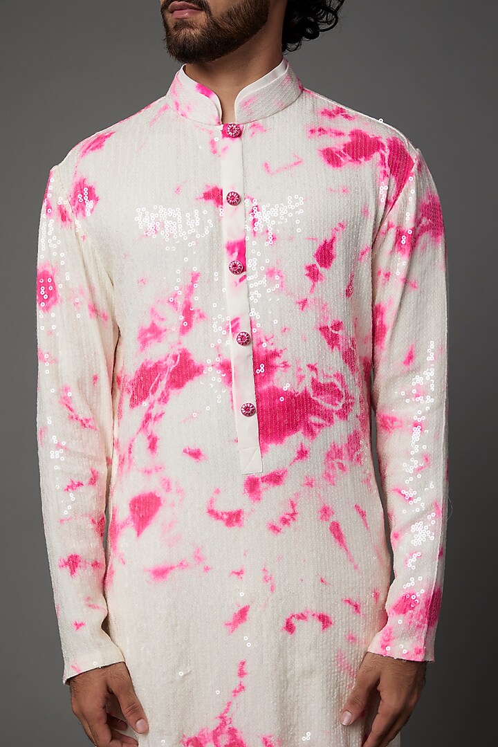 Ivory Raw Silk Sequins Work & Printed Kurta Set by Akanksha Gajria Men at Pernia's Pop Up Shop
