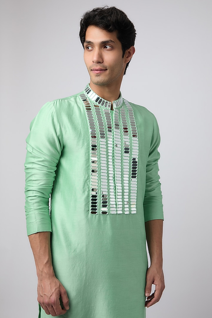 Light Teal Silk Mirror Embroidered Kurta Set by Akanksha Gajria Men at Pernia's Pop Up Shop