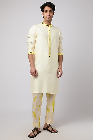 Ivory Silk Mirror Embroidered Kurta Set by Akanksha Gajria Men