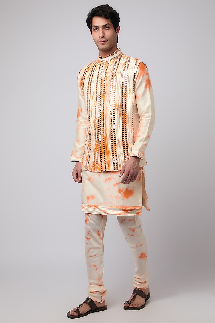 Orange Silk Mirror Embroidered & Tie-Dye Printed Bundi Jacket Set by Akanksha Gajria Men