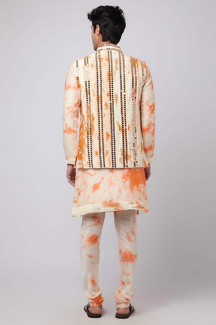 Orange Silk Mirror Embroidered & Tie-Dye Printed Bundi Jacket Set by Akanksha Gajria Men at Pernia's Pop Up Shop