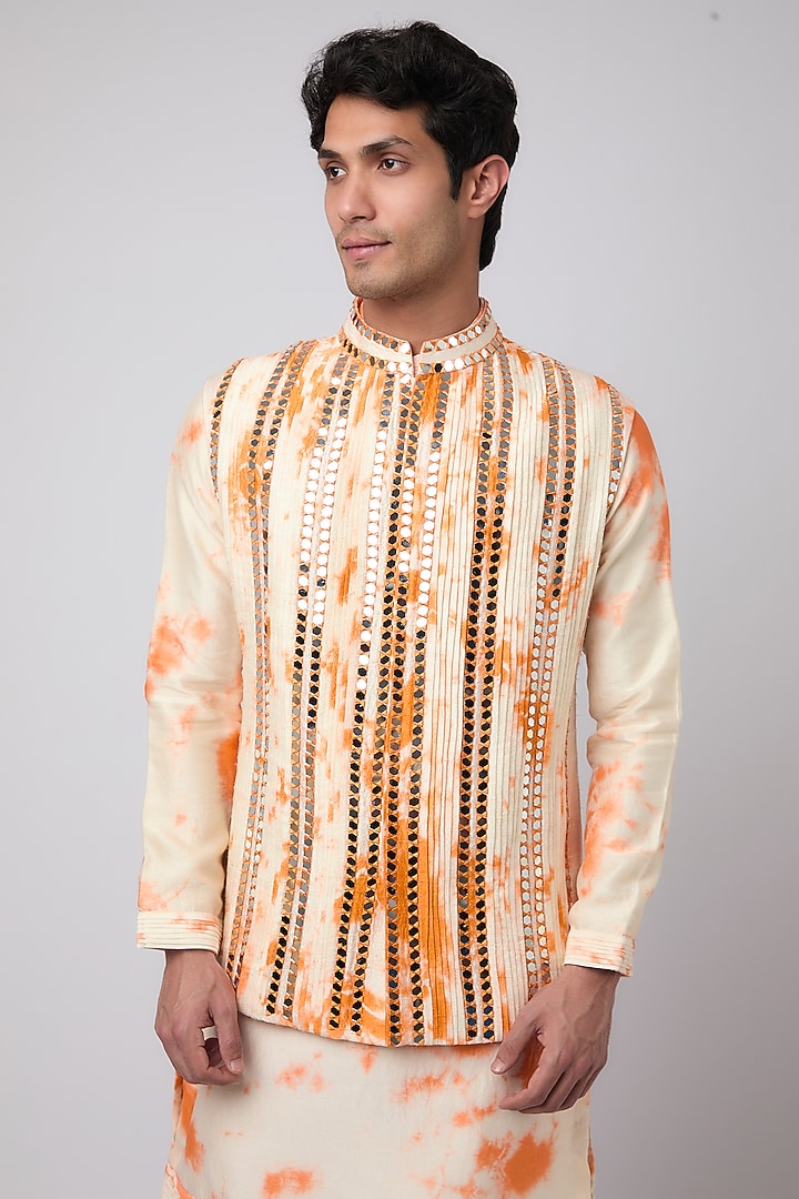 Orange Silk Mirror Embroidered & Tie-Dye Printed Bundi Jacket Set by Akanksha Gajria Men at Pernia's Pop Up Shop