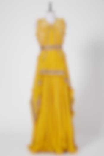 Yellow Skirt Set With Thread Work by Aksh