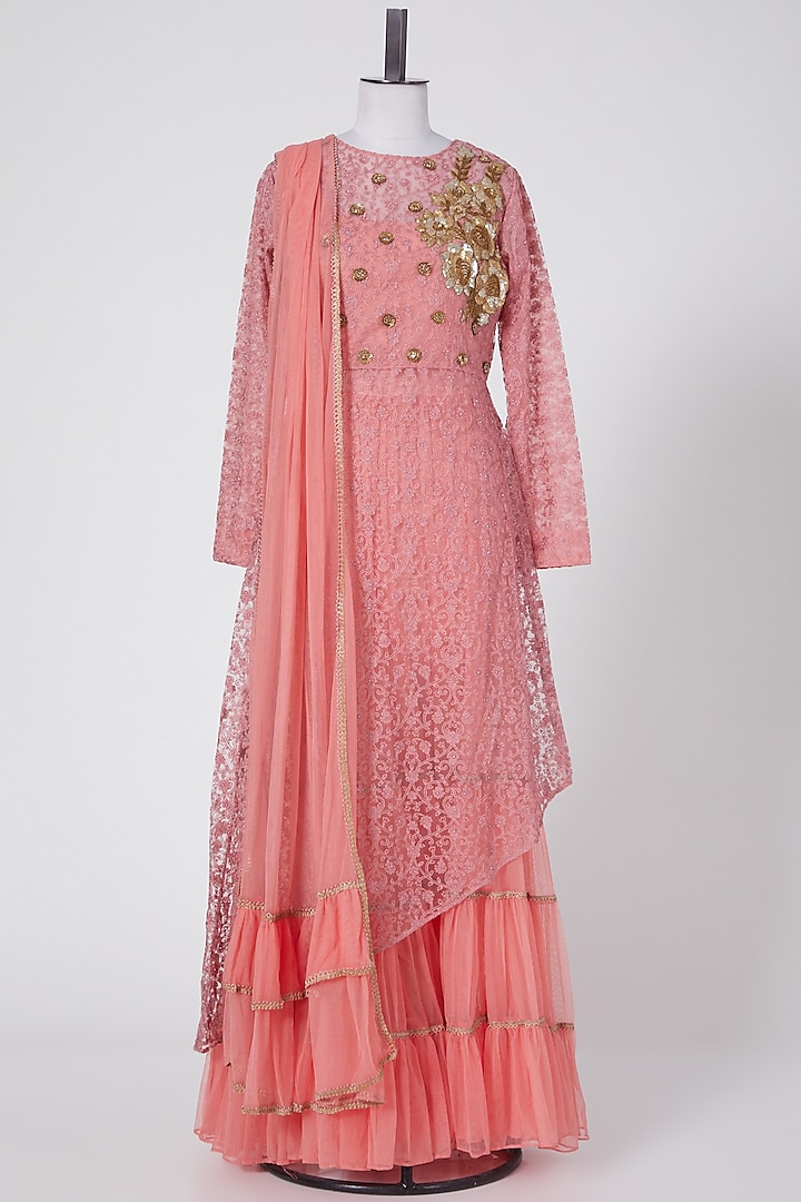 Peach Embroidered Skirt Set by Aksh