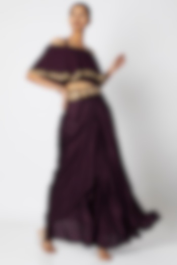 Wine Embroidered Crop Top With Draped Skirt by Aksh