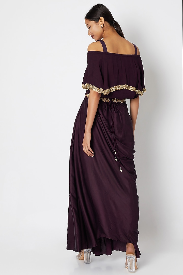 Wine Embroidered Crop Top With Draped Skirt by Aksh at Pernia's Pop Up Shop