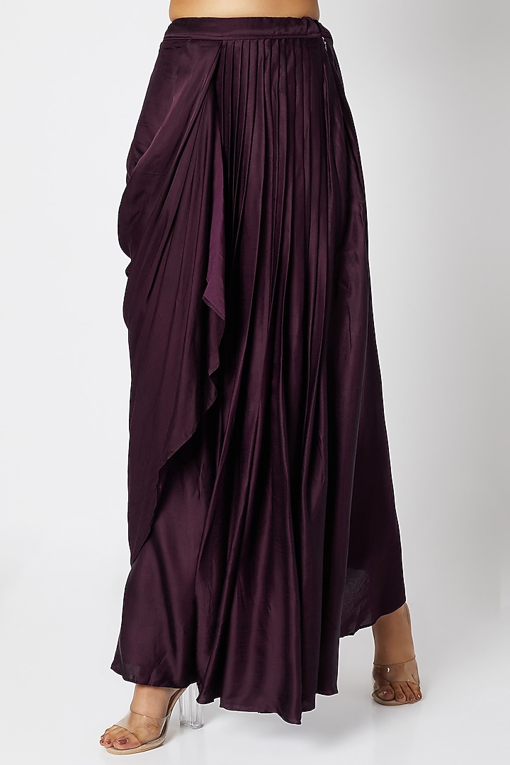 Wine Embroidered Crop Top With Draped Skirt by Aksh at Pernia's Pop Up Shop