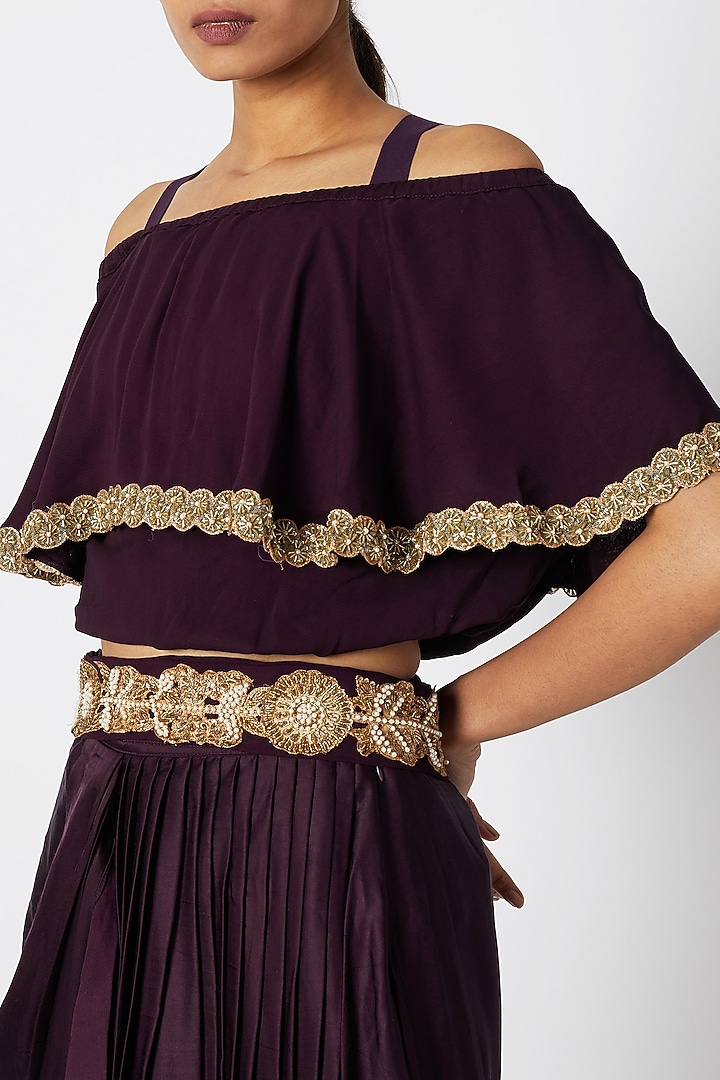 Wine Embroidered Crop Top With Draped Skirt by Aksh at Pernia's Pop Up Shop