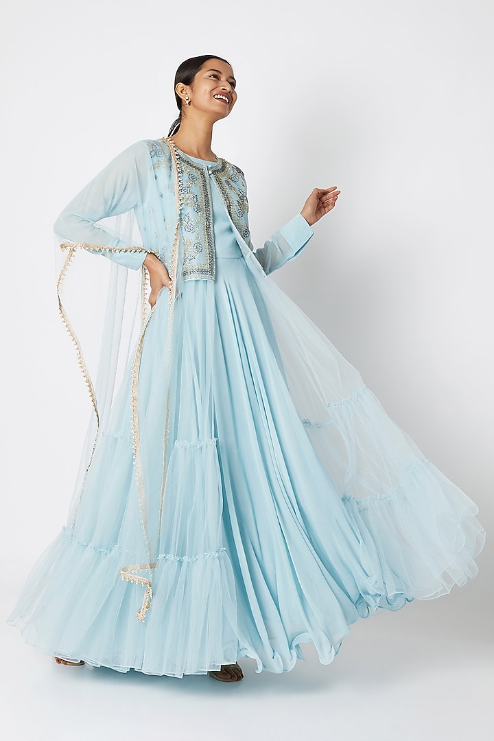 Sky Blue Embroidered Jacket With Inner & Dupatta by Aksh