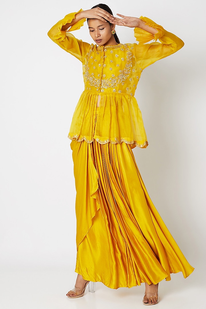 Yellow Embroidered Peplum Top With Inner & Skirt by Aksh