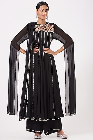 Black Embroidered Kalidar Anarkali Set by Aksh