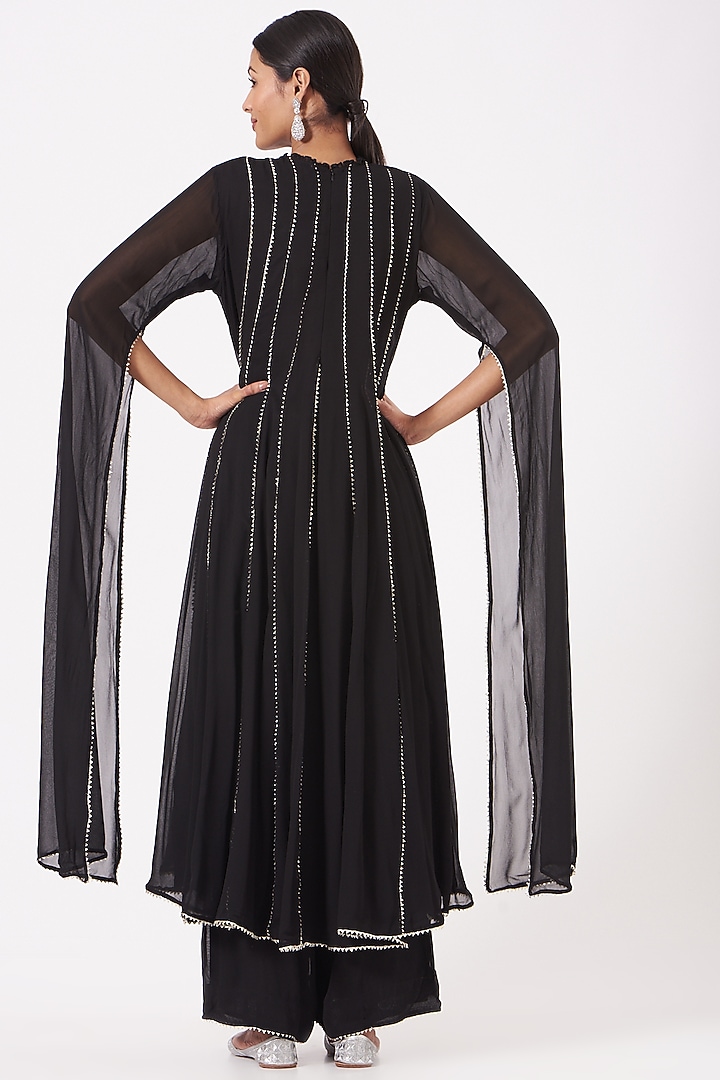 Black Embroidered Kalidar Party Wear Anarkali Set by Aksh at Pernia's Pop Up Shop