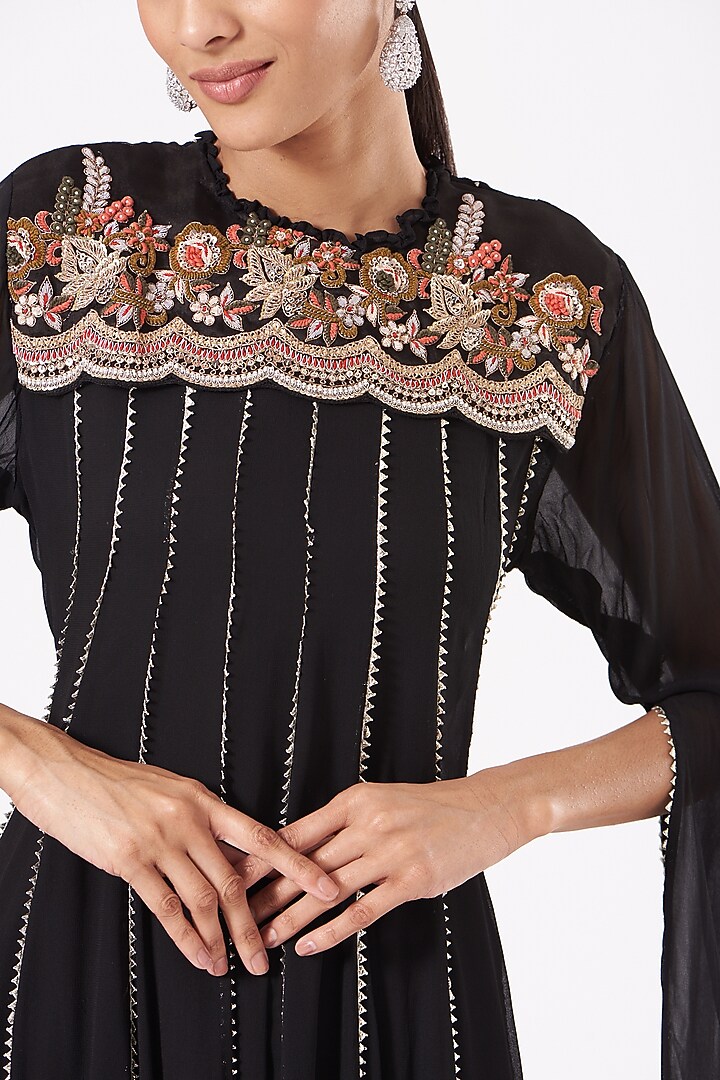 Black Embroidered Kalidar Party Wear Anarkali Set by Aksh at Pernia's Pop Up Shop